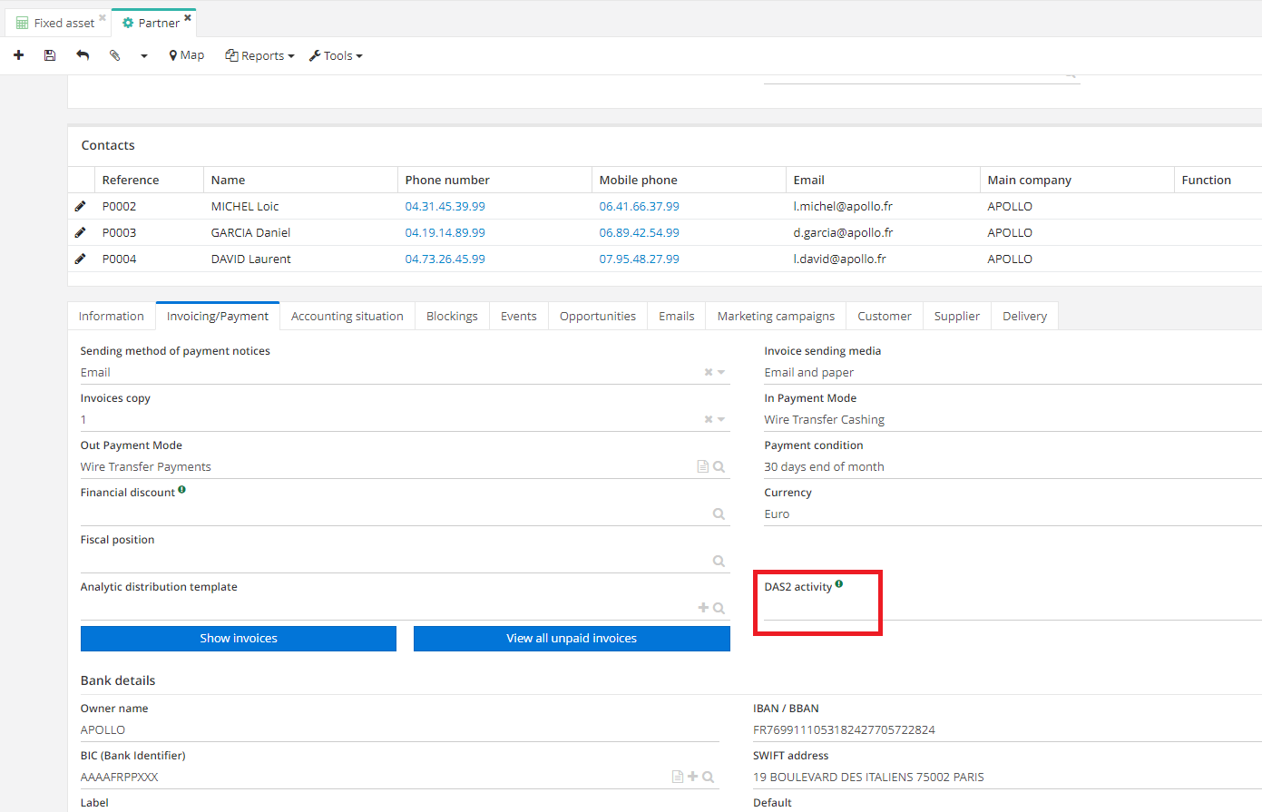 1.1. The Invoicing / Payment tab on the Partner record, and the “DAS2
Activity field”.